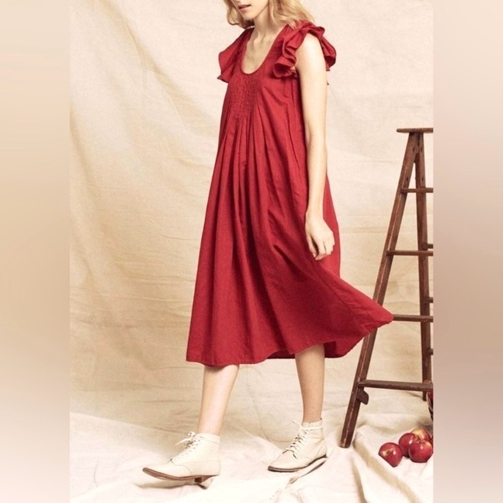 The Great Flutter Tulip Dress Red Linen Blend Ruffle Sleeve Midi Pockets L - Picture 10 of 10